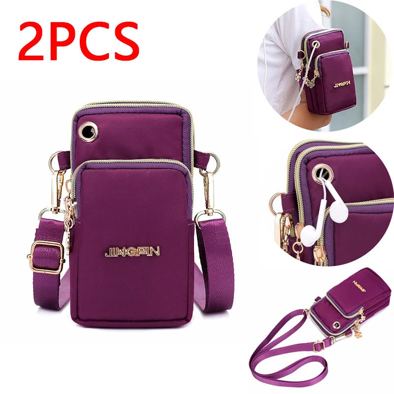 2PCS Women's Crossbody Cell Phone Bag Triple Zipper Wristlet Vertical Coin Bag Shoulder Earphone Bag Sports Arm Bag