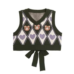 Deeptown Vintage Argyle Sweater Vests Preppy Y2k Cropped Tank Top Kawaii Bear Print Pullover Sleeveless Knittwear with Bow Cute