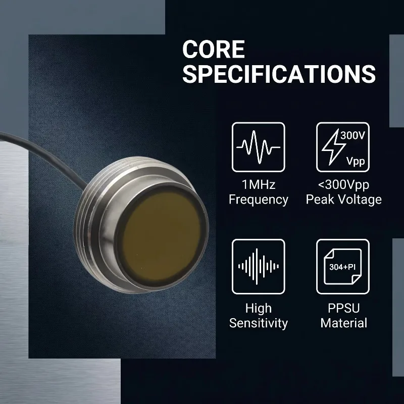 1MHz Underwater Acoustic Transducer DC24V Driven 2800pF Capacitance 0.05~3m Range CE Certified S304 Composite Ultrasonic