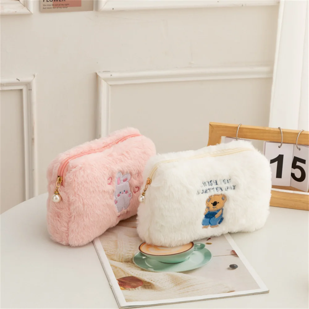 New Plush Makeup Bag Cute Littler Rabbit Portable Storage Wash Bag Girl Large Capacity Embroidery Bag Travel Cosmetic Organizer