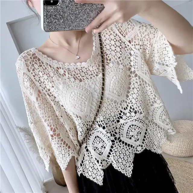 Simple Shawl Hollow-out Sweater Thin Artistic Pullover Blouse Women\'s Top