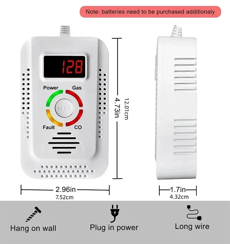 كاشف الغاز الطبيعي كاشف أول أكسيد الكربون 2 في 1 كاشف تسرب الغاز إنذار كاشف مركب لتسرب CO