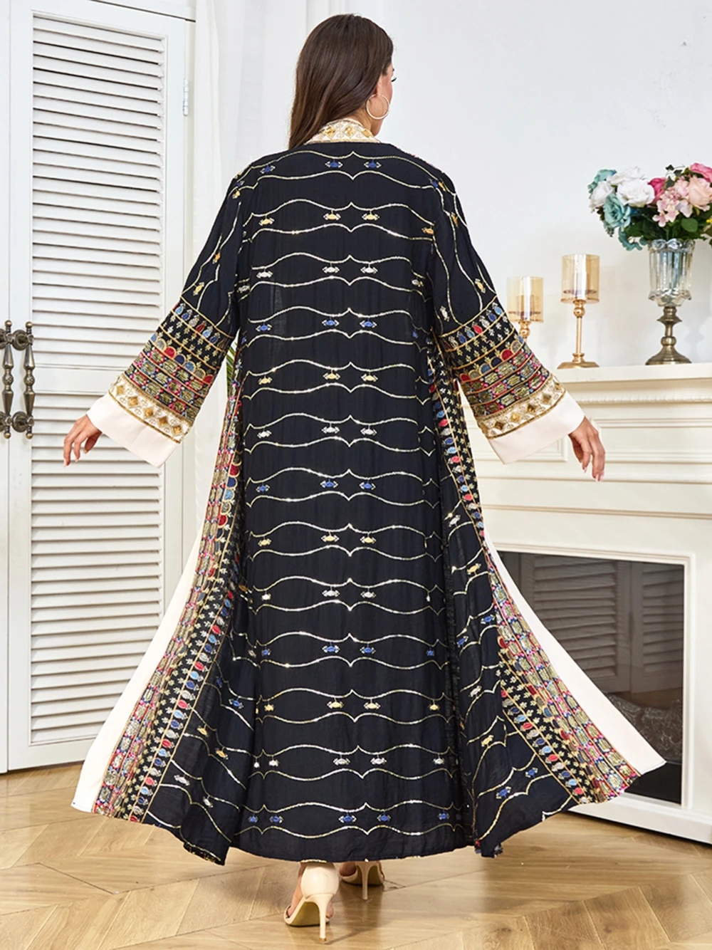 Muslim Modest Two Pieces Prom Dress Black Gold Colorful Embroidery Abaya Turkish Kaftan Maxi Robe For Women Formal Occasions