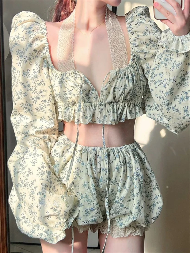 French Vintage Suits Y2k Crop Tops Long Sleeve Shorts Elegant Floral Print Blouse Women Casual Sweet Loose Two Piece Shorts Set