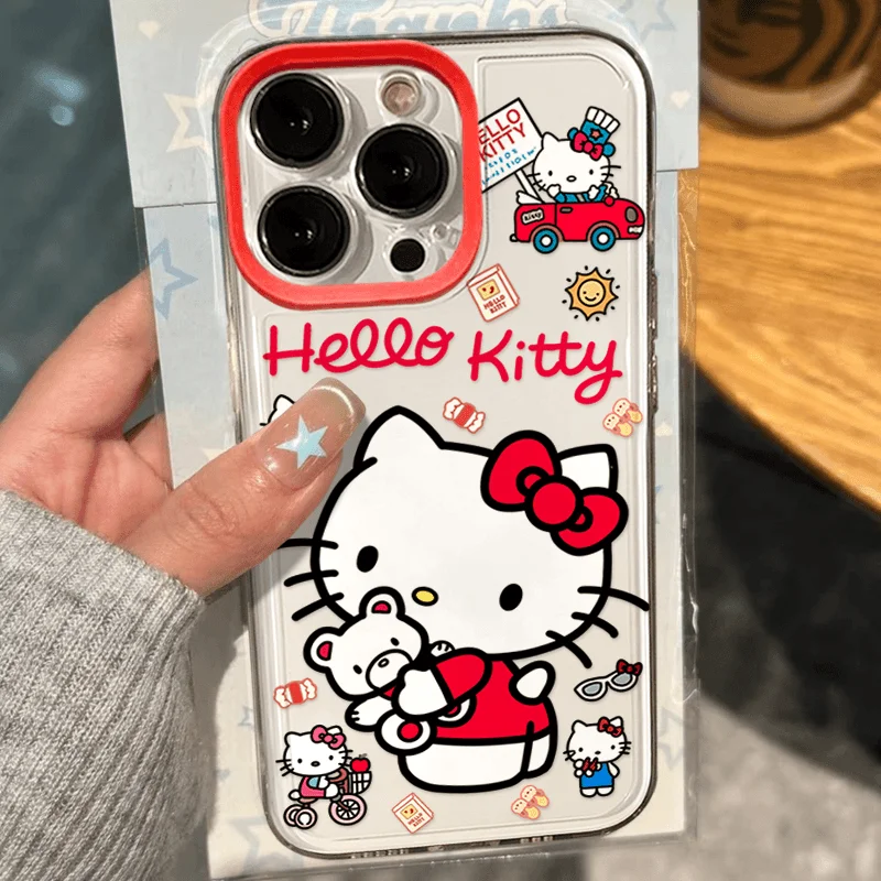 

Cartoon Hello Kitty Red Bear Bike Clear Space Phone Case for IPhone 11 12 13 14 15 16 Pro Max Mini X Xs XR 7 8 Plus Se2020