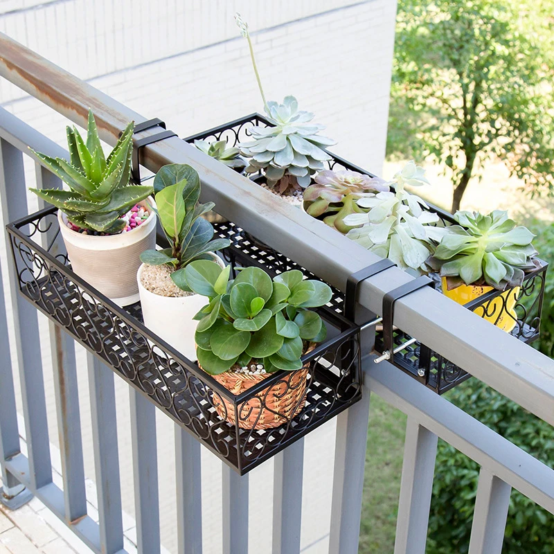 Balcony Flower Stand Wrought Iron Railing Multi-layer Hanging Flowers Pot Rack Wall Green Radish Succulent  Plant Shelves