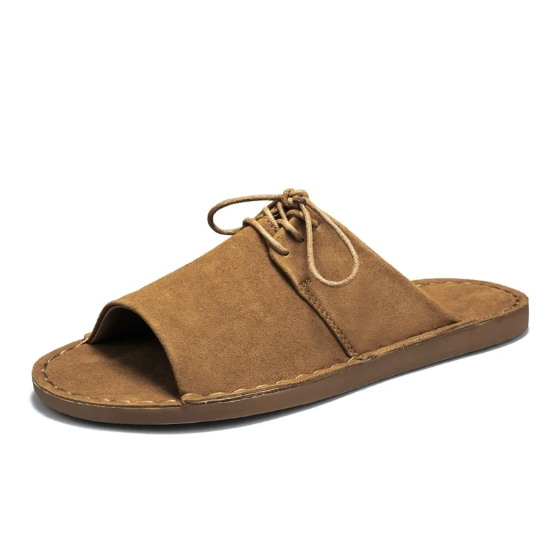 

Classic Man Suede Leather Slippers Men Sandals Outdoor Antiskid Half Drag Adjustable Buckle Straps Slides Leisure Walk Sandalias