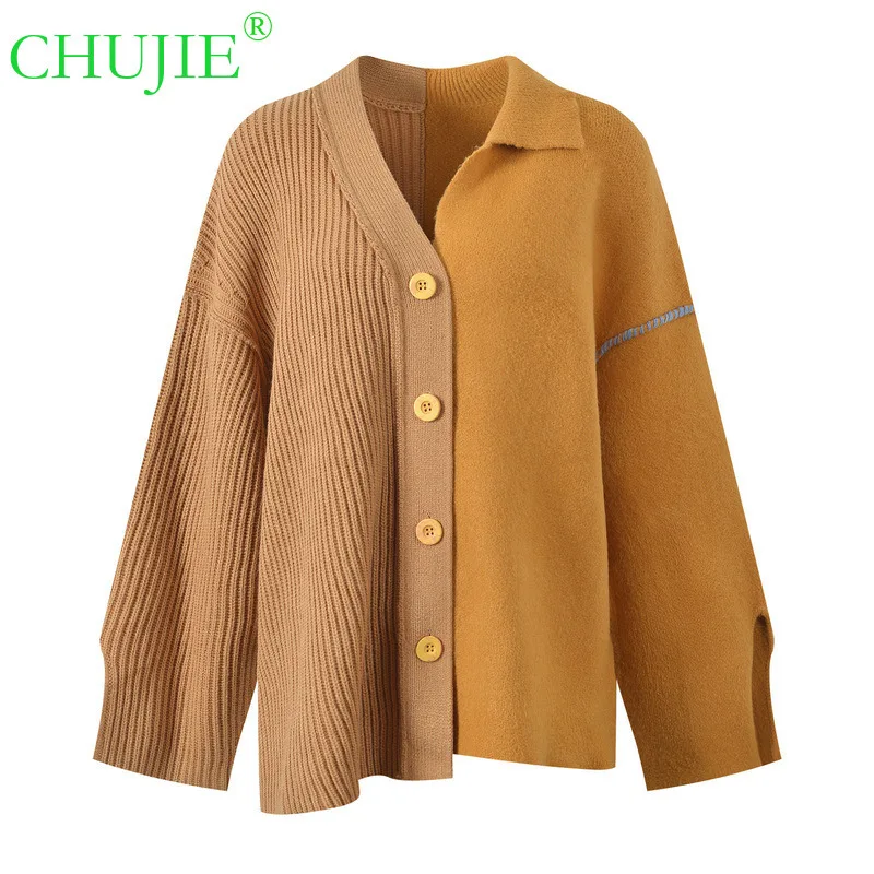 

CHUJIE 2022, осенне-зимний новый дизайн, нерегулярный v-образный вырез с цветными блоками, лоскутный свободный универсальный вязаный кардиган, свитер, пальто