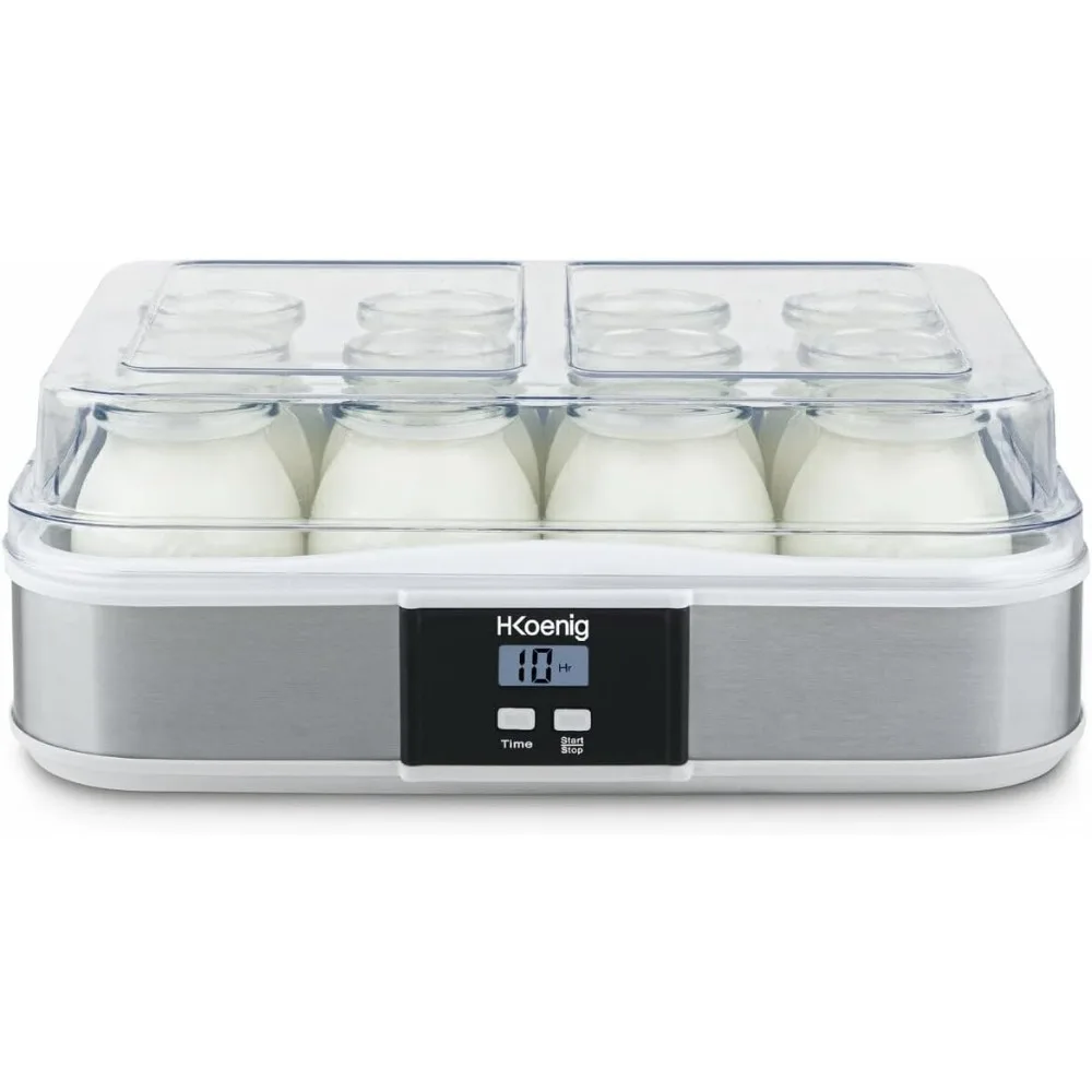 h.koenig yogurtera 12 potes ely120, capacidad 12 x 160 ml, programable, pantalla LCD, cuerpo de acero inoxidable, sin BPA, apto