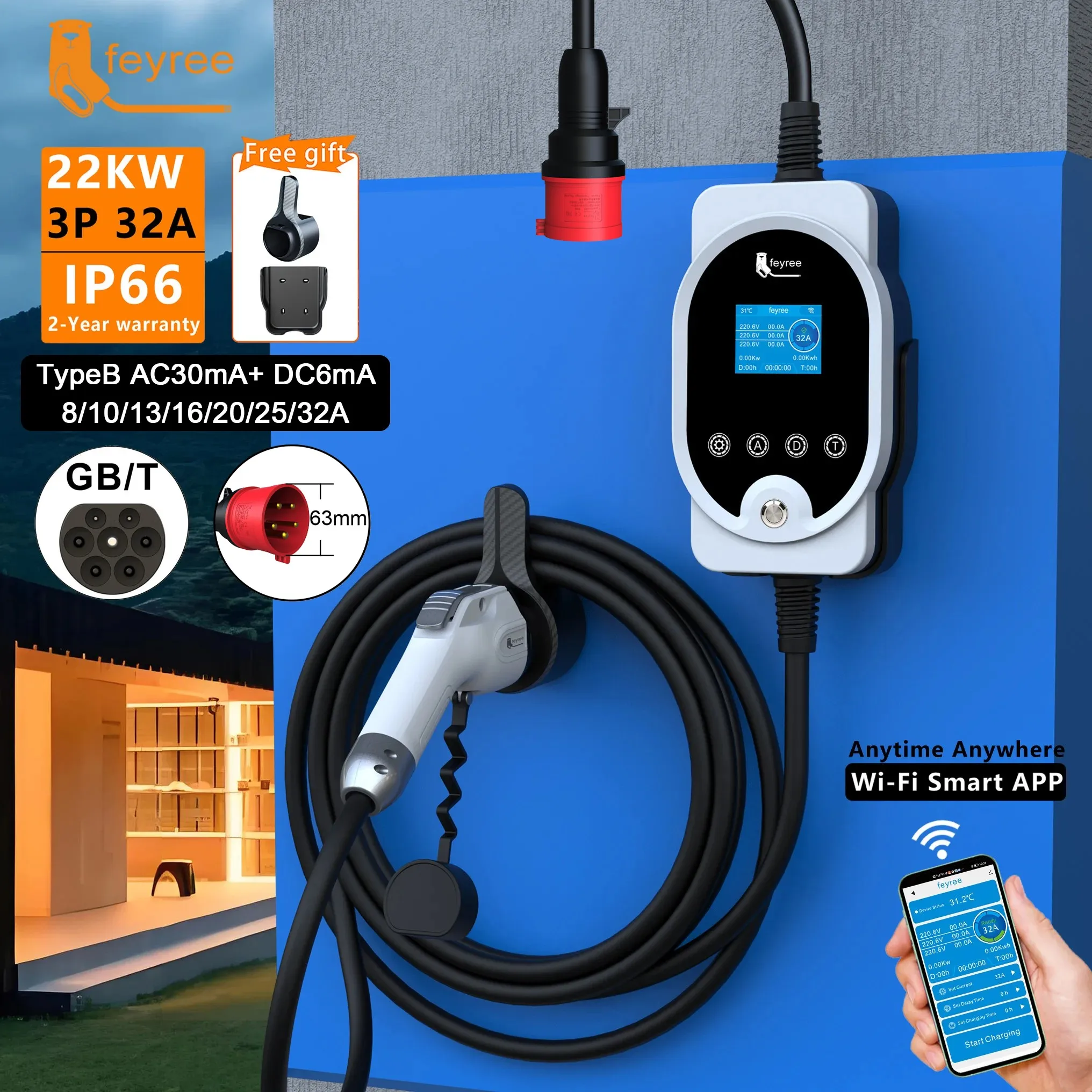 feyree 22KW 32A 3Phase GB/T Portable EV Charger Fast Charger Charging Station Smart Wi-Fi APP Control for Electric Car Charger