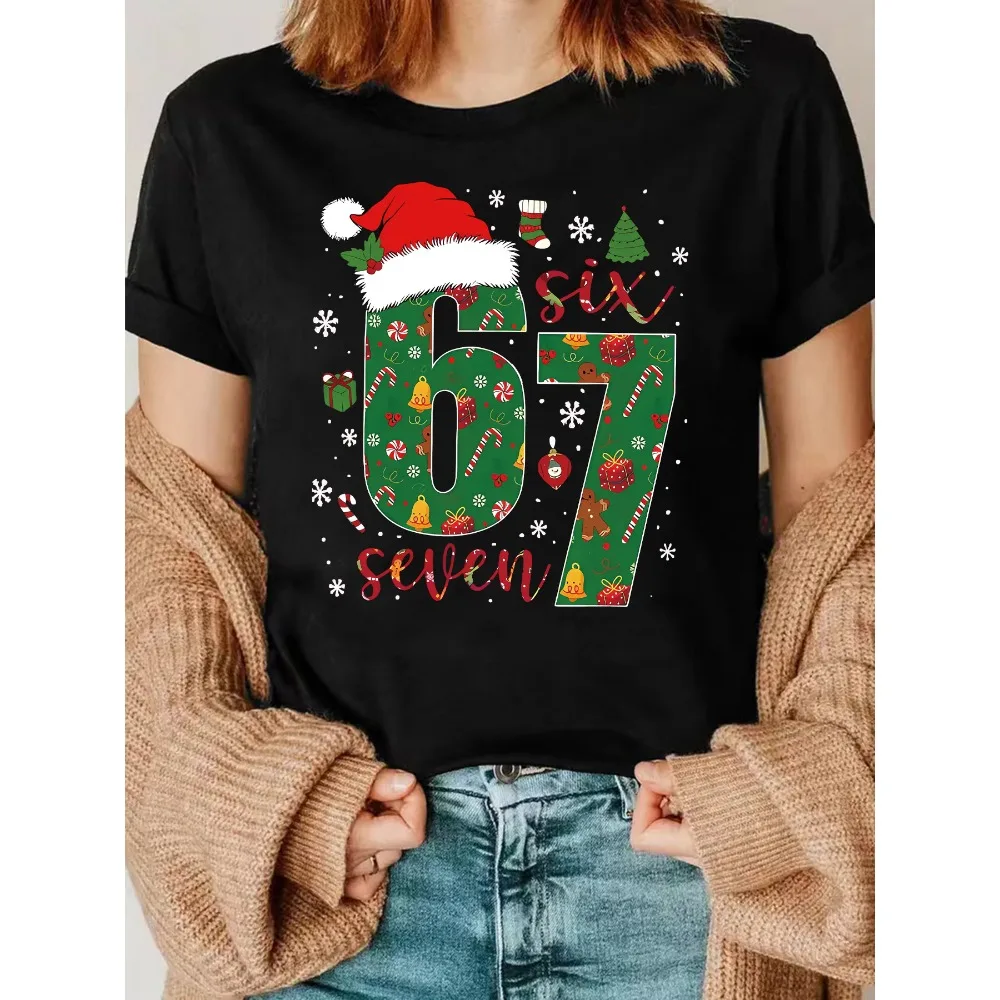 

Christmas Number 67 Graphic Women's T-Shirt with Candy Canes & Snowflakes Casual Short Sleeve Top for Holiday Party Outfits