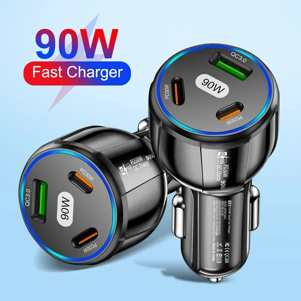 90W USB Car Charger Quick Charge 3.0 PD Type C Mobile Phone Fast Charging Charger for IPhone Xiaomi Samsung 3-in-1 Quick Adapter