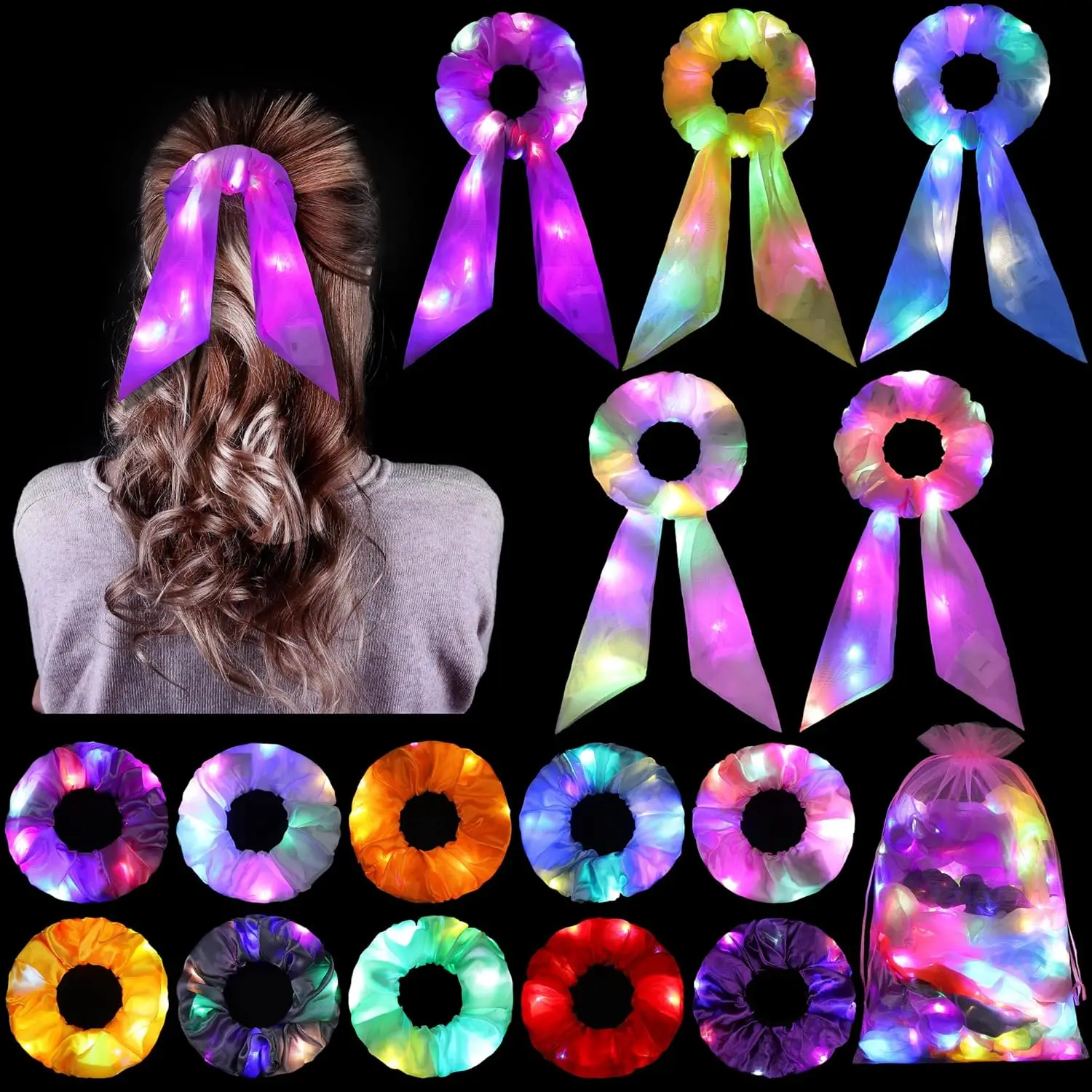 

12-48Pcs Light Up Scrunchies LED Scrunchies Neon Scrunchies Glow in the Dark Scrunchie Glow Hair Accessories for Women Girls