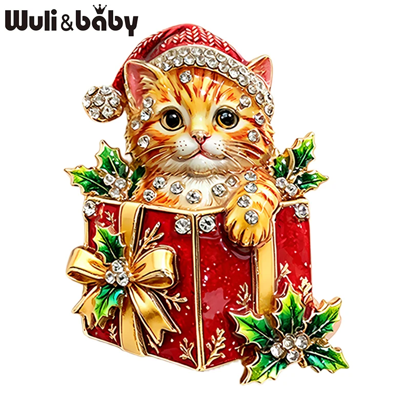 Wuli&baby Schöne Weihnachts-Katzenbroschen für Damen, Unisex, 2-farbige Strass-Geschenkbox, Neujahrsparty-Broschen