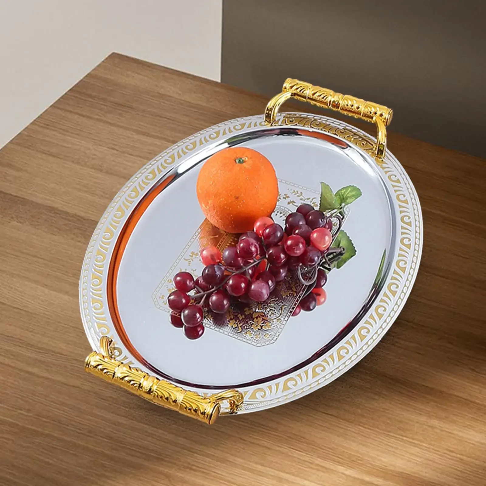 European Retro Oval Stainless Steel Dinner Multi Functional Tray Hotel Catering Printed Tray Home Party Snack Fruit Storage