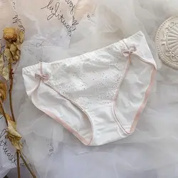 Women Cotton Hollow Flower Embroidery Palace Princess Style Cute Lovely Sweety Underwear Bow Lolita Stretch Panties Breifs