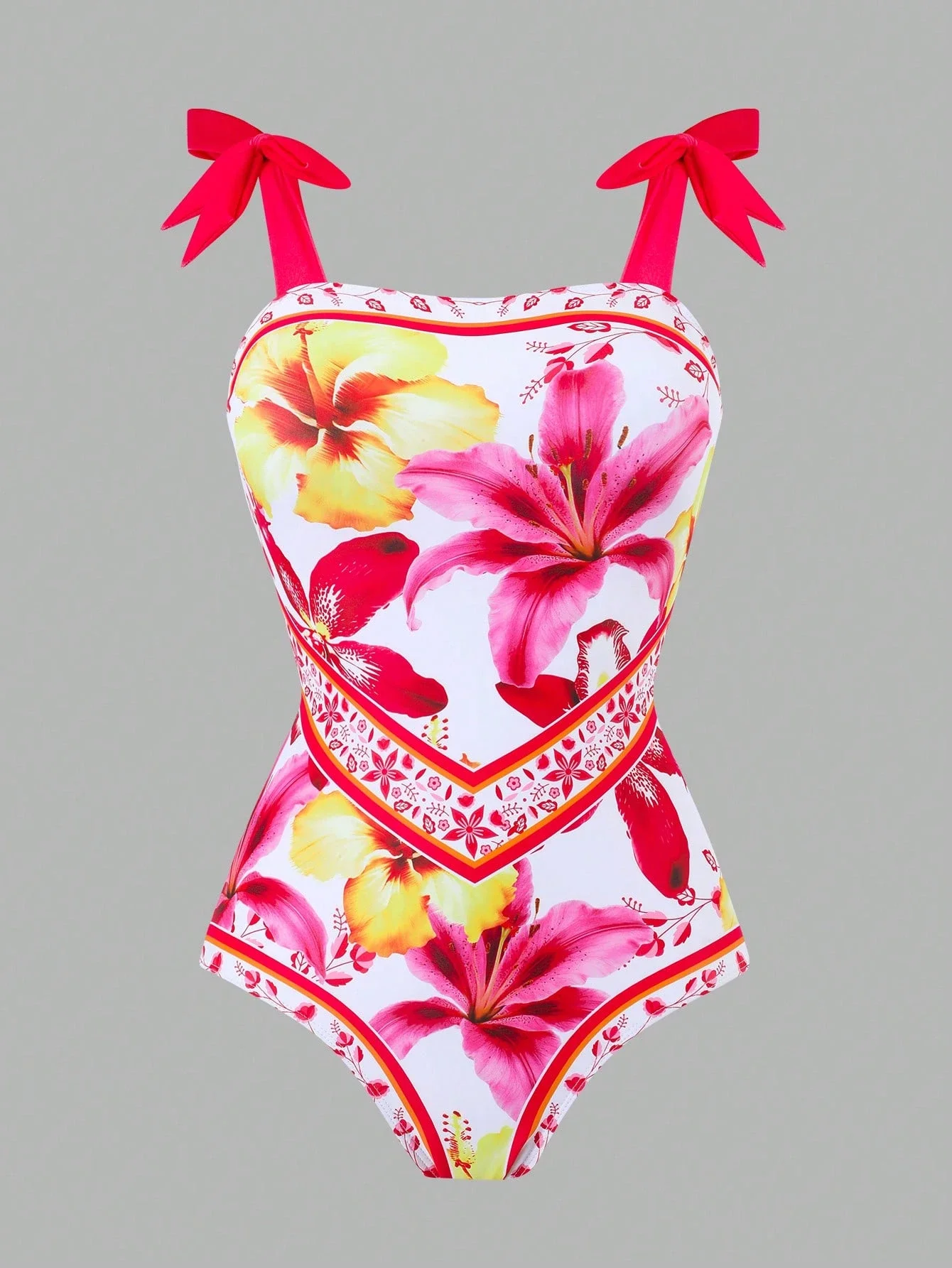 

Женский купальник из двух частей с цветочным принтом и юбкой в тон