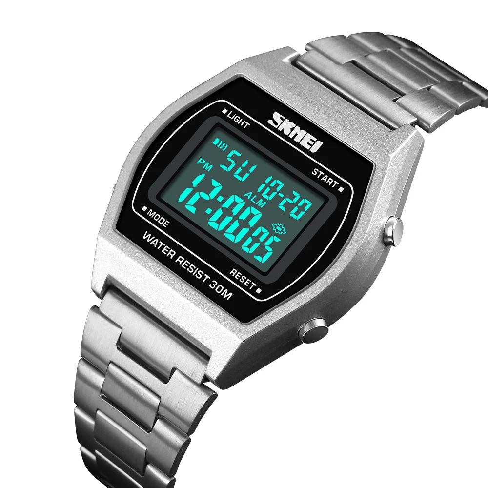 

SKMEI модные электронные часы для мужчин ремешок из нержавеющей стали будильник обратный отсчет стекло зеркало наручные часы Reloj Masculino