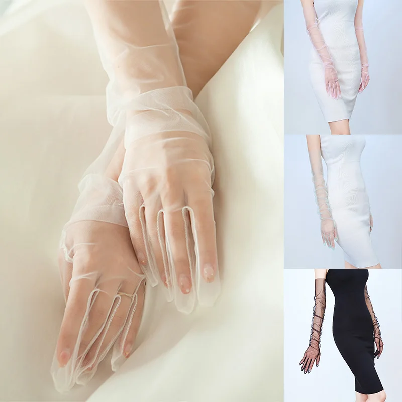 Guantes largos de tul transparente a la moda, manoplas elásticas ultrafinas de dedo completo, codo de malla, guantes de novia de boda, accesorio de