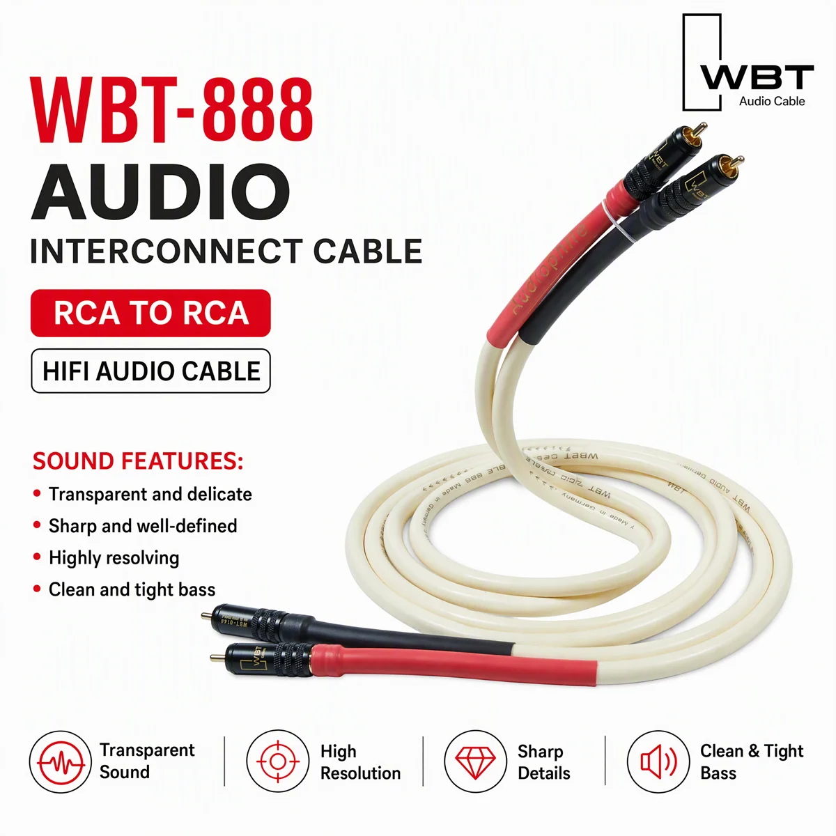 WBT-888 Style HiFi Audio Cable 2RCA Male To 2RCA Male Double Shielded Audiophile Signal Wire For DAC Amplifier CD Player
