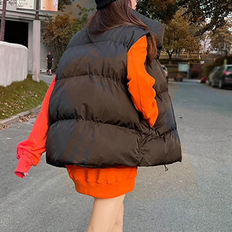 Women\'s Coat Outerwear Autumn Winter Cotton Vest Cotton Padded Winter Vest Loose Fitting Standing Collar Solid Color