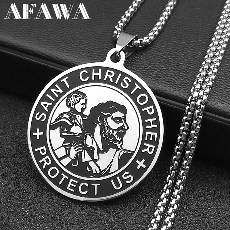 Saint Christopher Protect Us Medal Pendant Necklace for Women Men Stainless Steel Orthodox Angel Catholic Chain Jewelry N2588-9