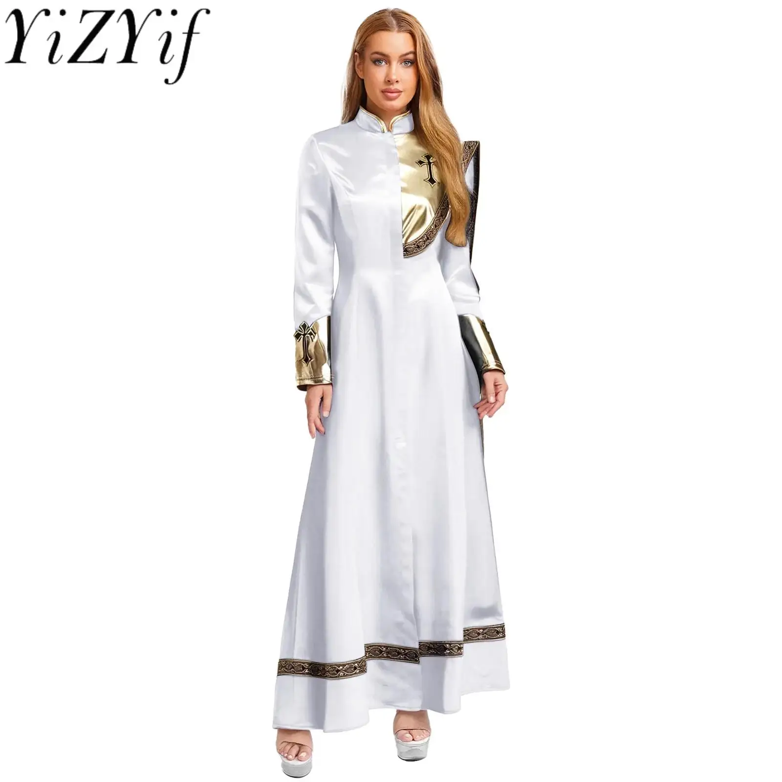 

Women Halloween Liturgical Priest Preachers Cosplay Long Robe Metallic Drape Coats for Church Clergy Worship Cassock Robes