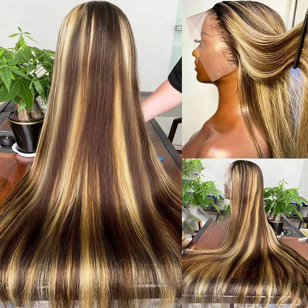 Perruque en cheveux humains 220% Highlight, Lace Front 13x4, lisse, pré-épilée, couleur 4/27, brésilienne, avec dentelle frontale HD