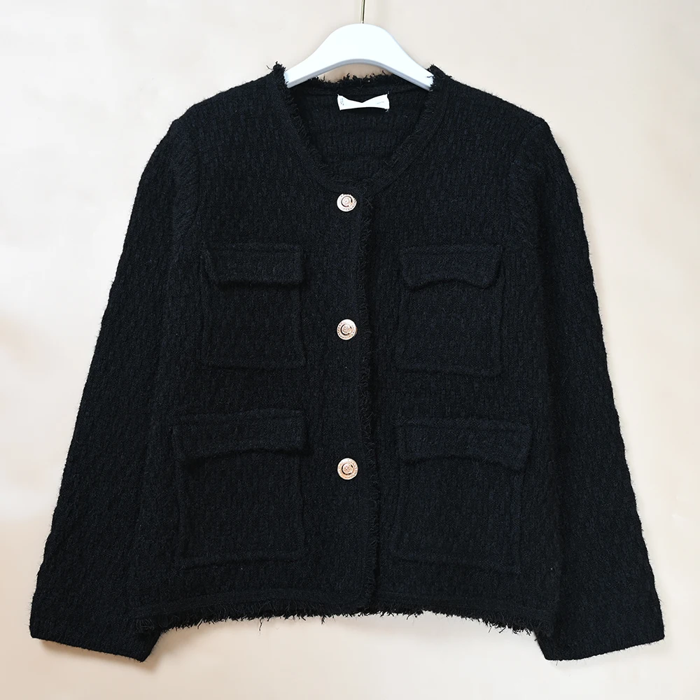 Autumn Winter Women's round Ne Open Cardigan Long Sve ort Length Wool Blend Fce Outerwear Luxury Sle Button Closure