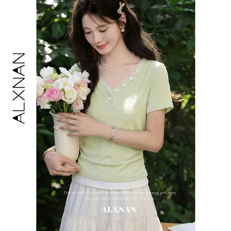 ALXNAN Women's Short Sleeve T-shirt V-neck Lace Trim Fake Two Piece Light Blue Summer Slim Fit Korean Casual 2026 Tops L65706-1 view 5
