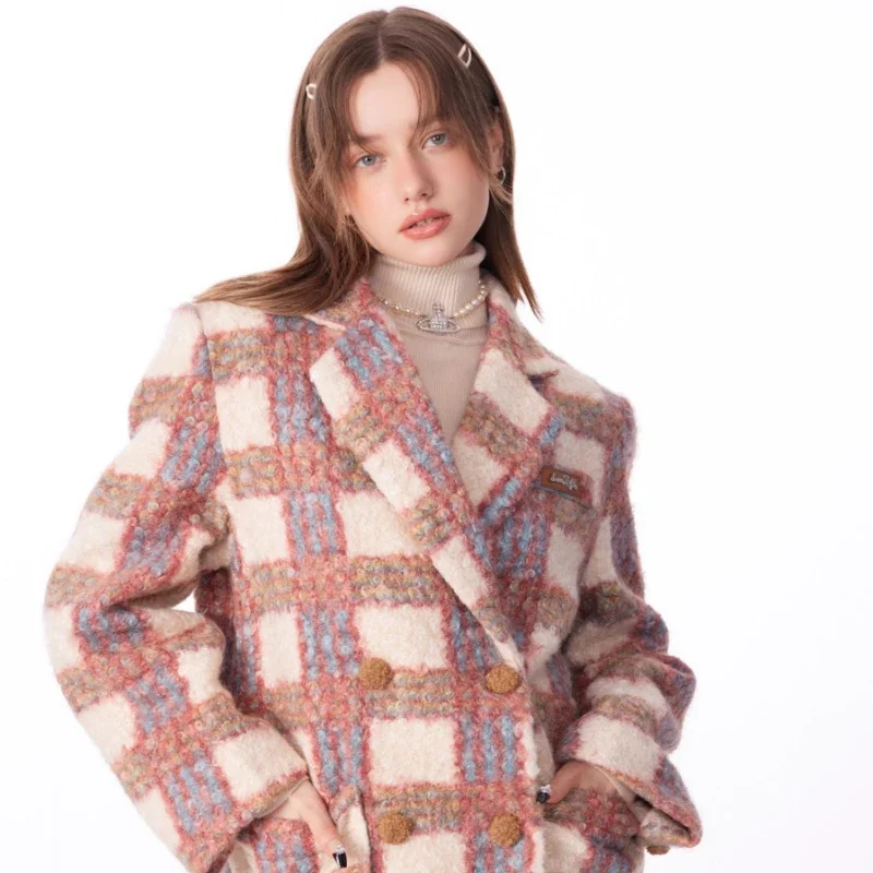 22ss Tweed Jacket Women's Medium-length Fall and Winter Retro Plaid Thickened Velvet Blazer Jacket Casual Commuter Jacket