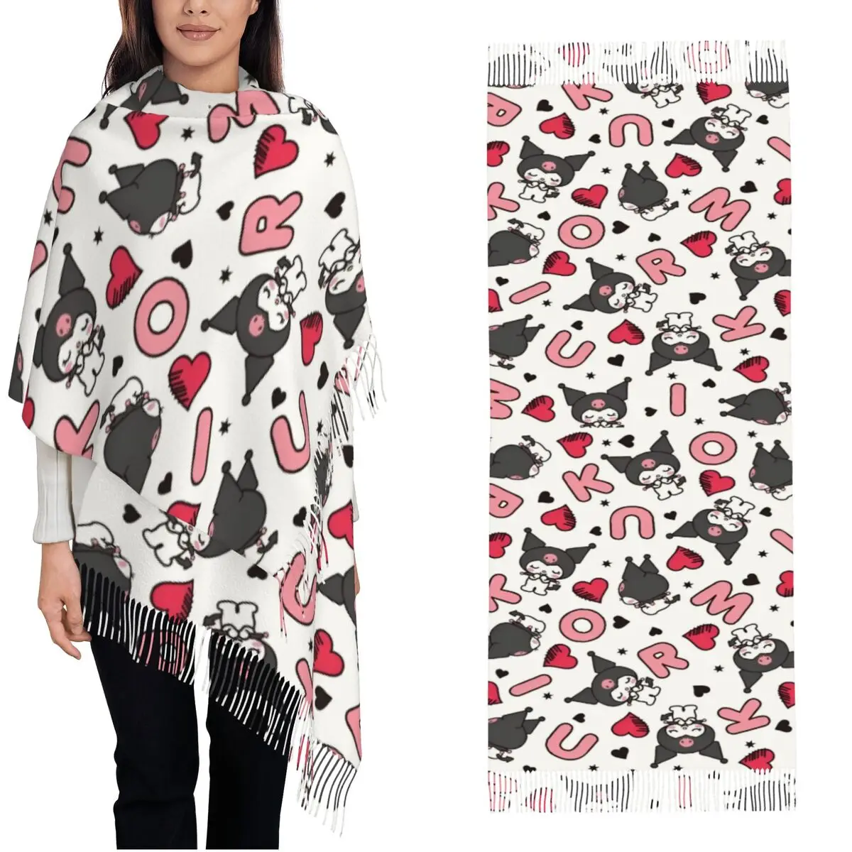 

Женский шарф с кисточкой Kuromi, длинная супермягкая шаль и накидка, подарки, шарфы из пашмины