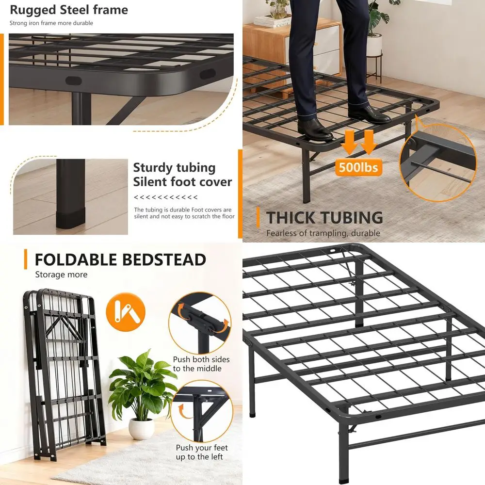 

Прочный стальной каркас двуспальной кровати с 6 опорными ножками, складной, коробчатая пружина не требуется, простая сборка, место для хранения под кроватью для дома или