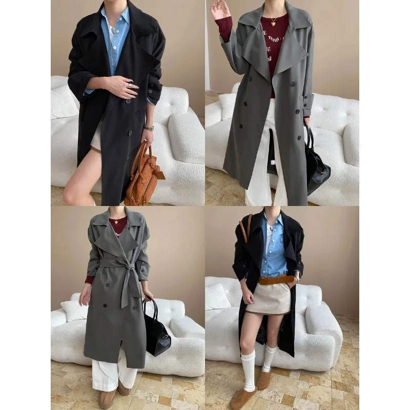 

EAEOVNI Autumn Temperament Long Trench Coat Women Solid Color Belt Double Button Fashion Windbreaker Versatile 2025 New Clothing