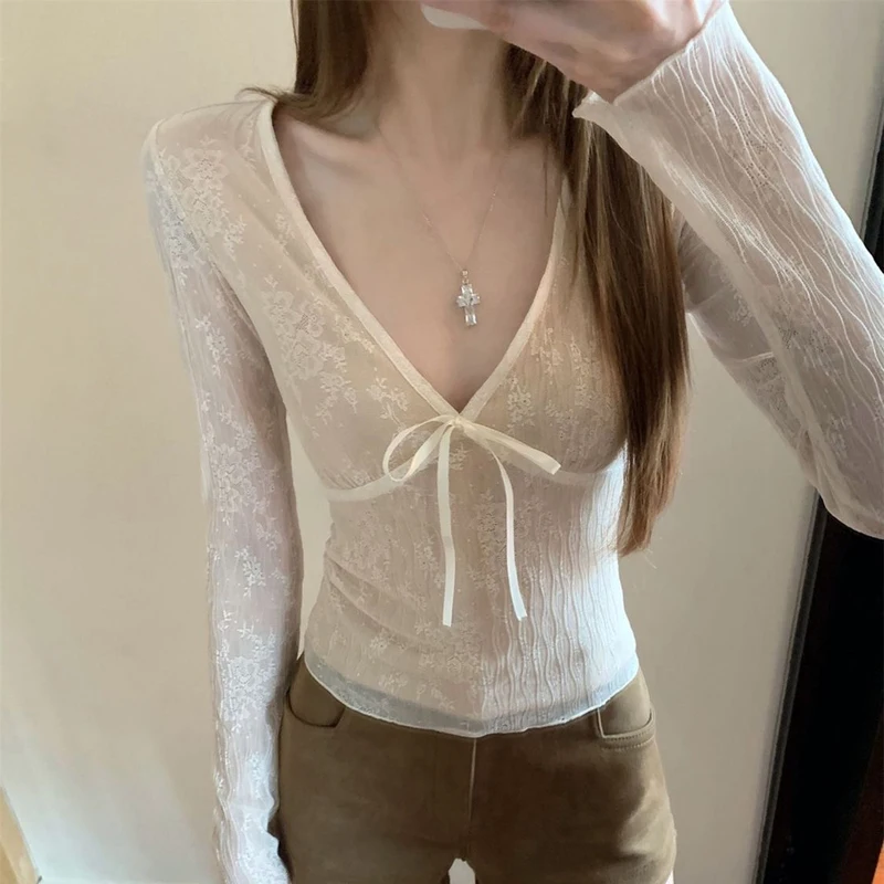 Y2k-Camiseta De malla para Mujer, Ropa Sexy De manga larga con estampado Floral, camisetas De encaje Vintage a la moda Grunge para primavera y otoño