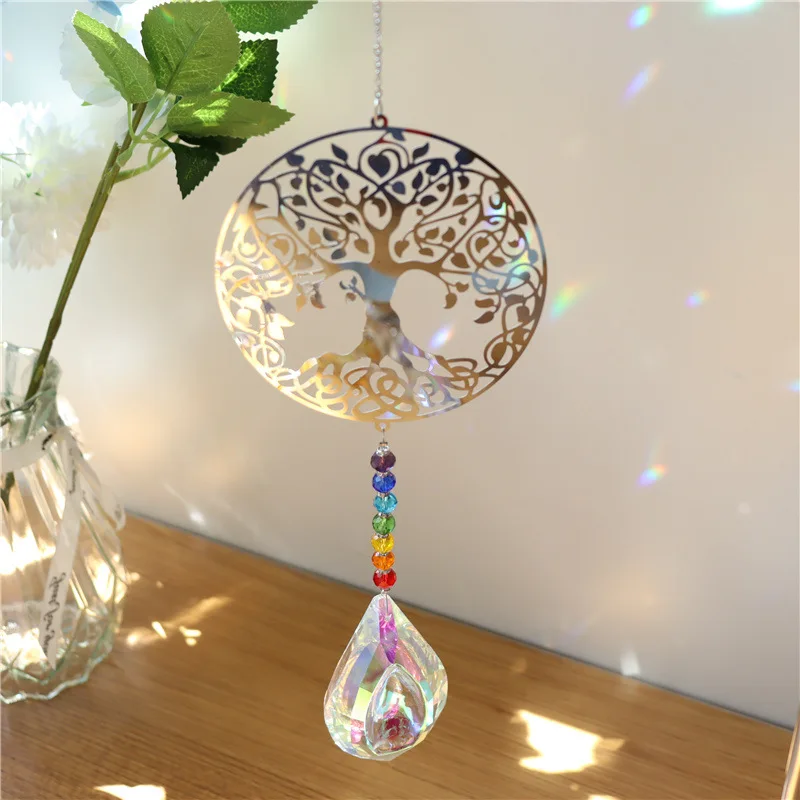 

Tree of Life Suncatcher Crystal Rainbow Catcher Garden Decoration Rainbow Maker Silver Prism Window Pendant 2023 Xmas Gift New