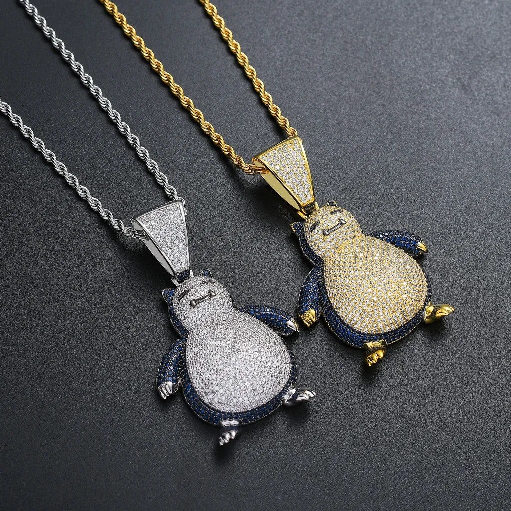 Anime Pokemon Luxury Full Cubic Zircon Snorlax Pendant Necklace For Men Women Hip Hop Figure Jewelry Gift