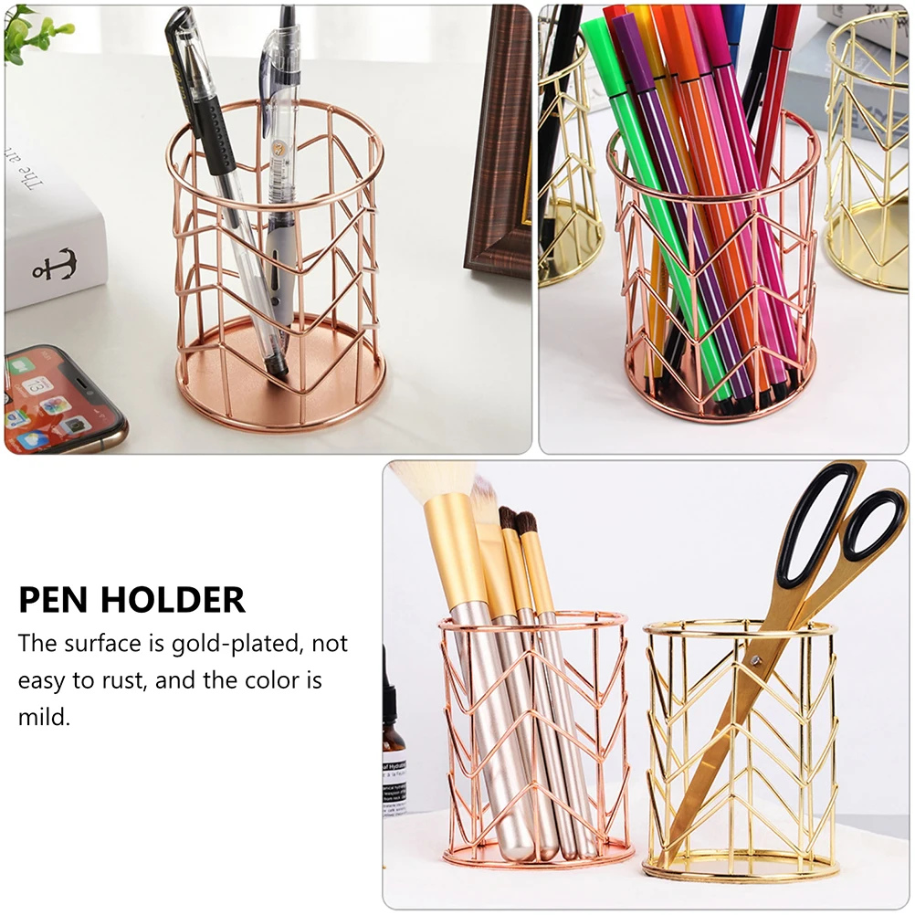 

1pc Gold-Plated Iron Pen Holder Desk Container Makeup Brush Organizer Elegant Design Fashionable Decorative Office Supplies