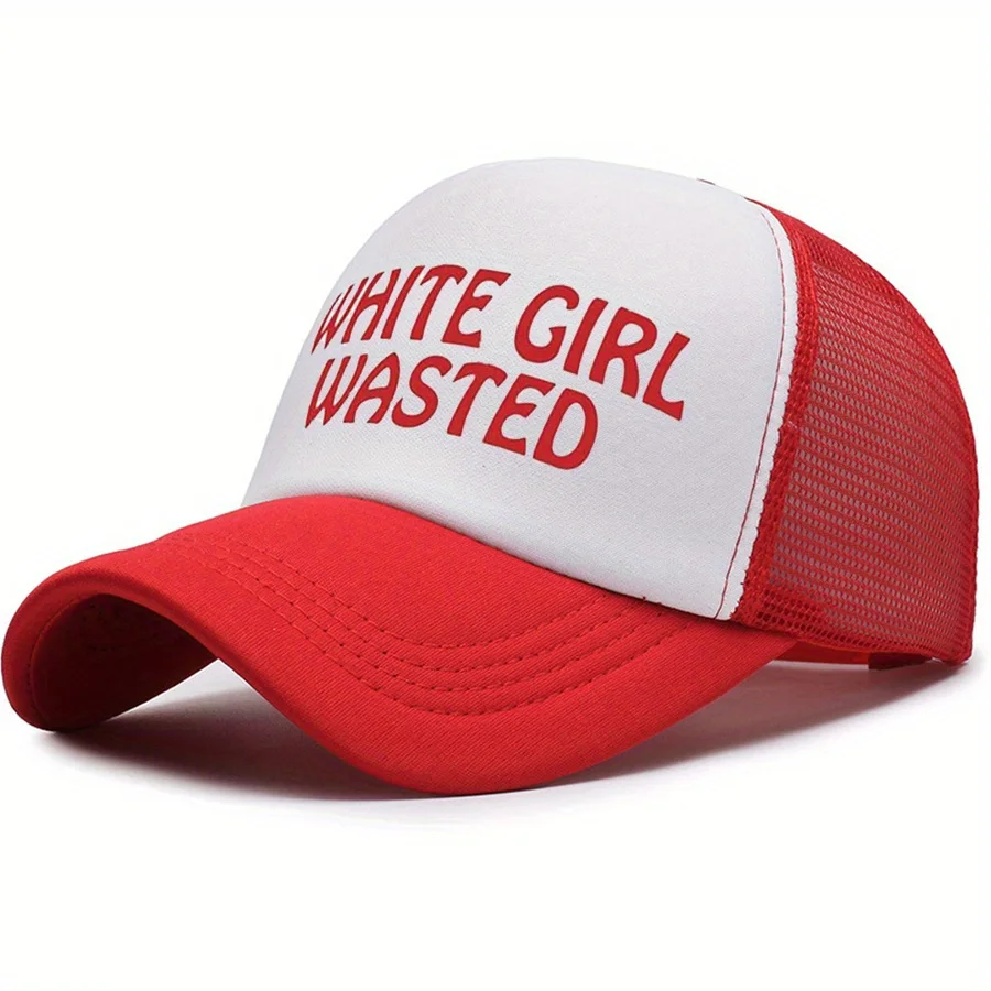 White Wasted Bold Letter Print Baseball Cap Adjustable Lightweight Polyester Trucker Hat with 6 Color Options (Red/Yellow/Blue