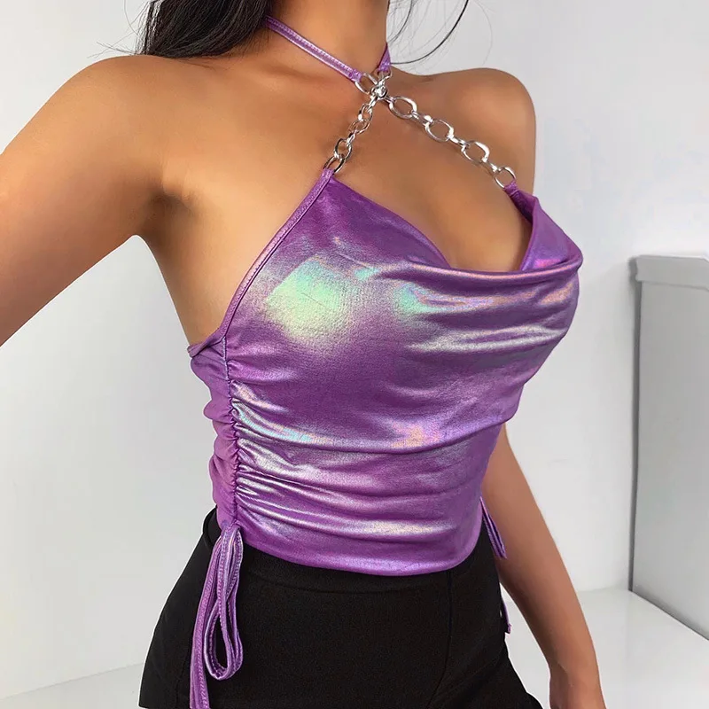 New Women's Sexy Club PU Leather Purple Tube Tops Camisole Solid Sleeveless Crop Tank Tops Contrast Panel Sleeveless Halter