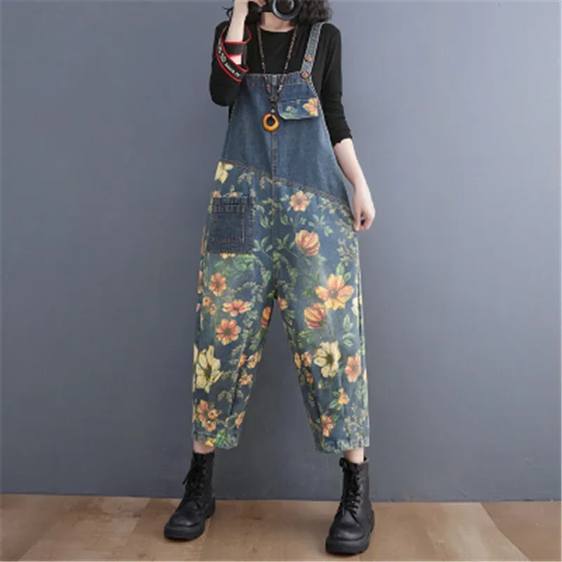 

2024 Spring and Summer New Denim Overalls Women Fashion Loose Thin Print Thin Seven Points for Harlan Jeans Jumpsuit Female