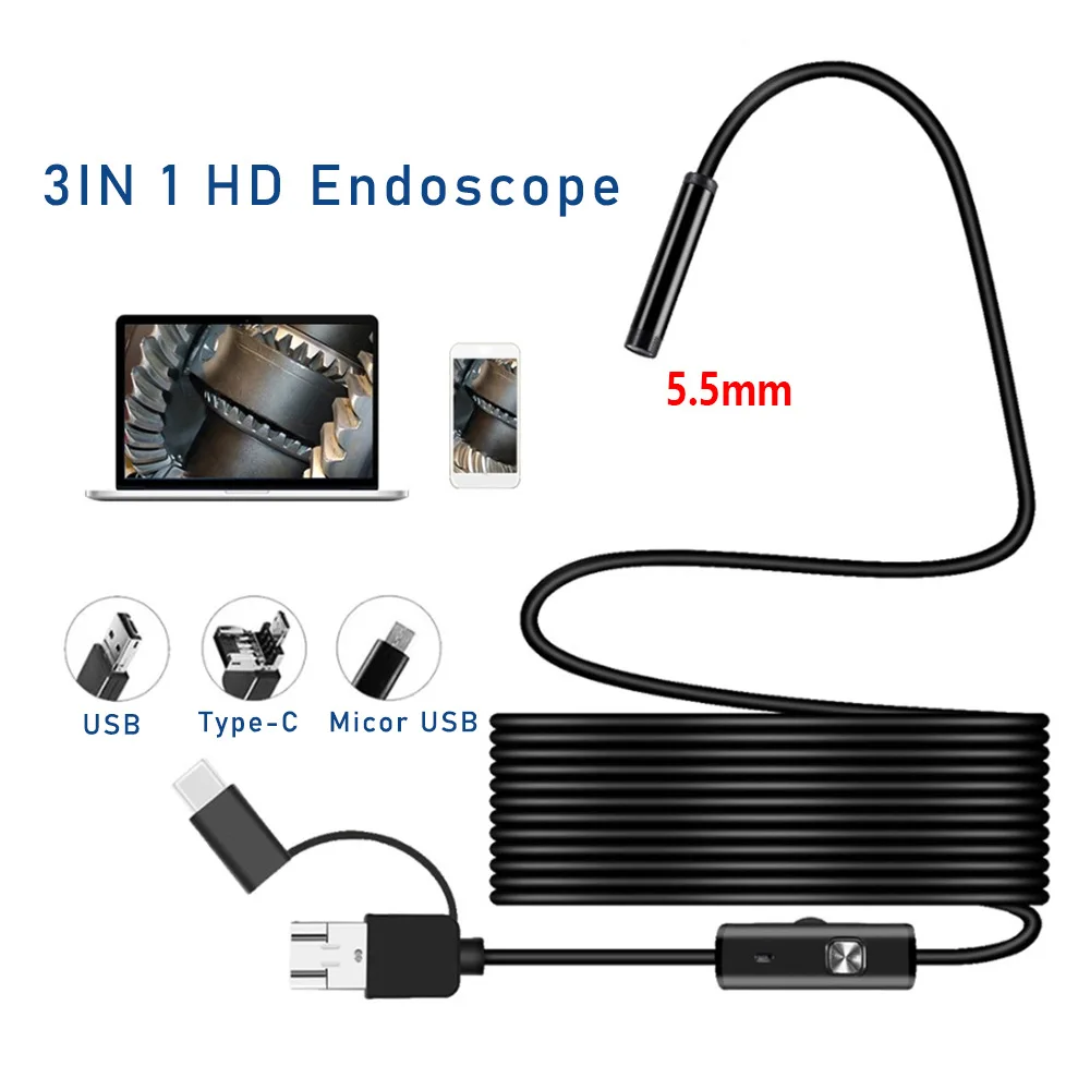 3-in-1 5.5mm 1-15 meter high-definition Android mobile phone pipeline endoscope high-definition industrial endoscope