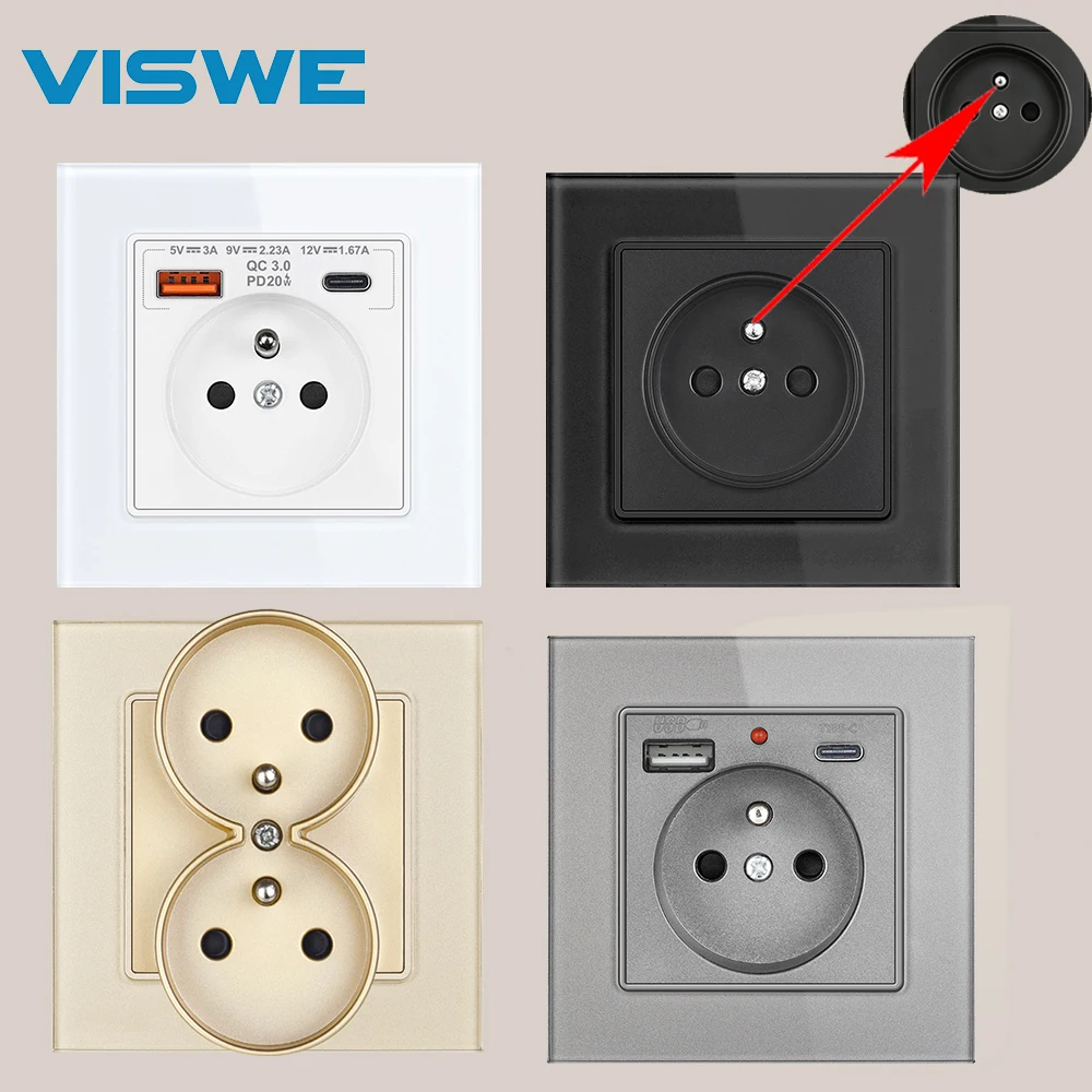 VISWE French Standard Recessed Wall Electrical Outlet Single /Double Wall Socket with USB‑C A+C 20W Fast Charge for Home