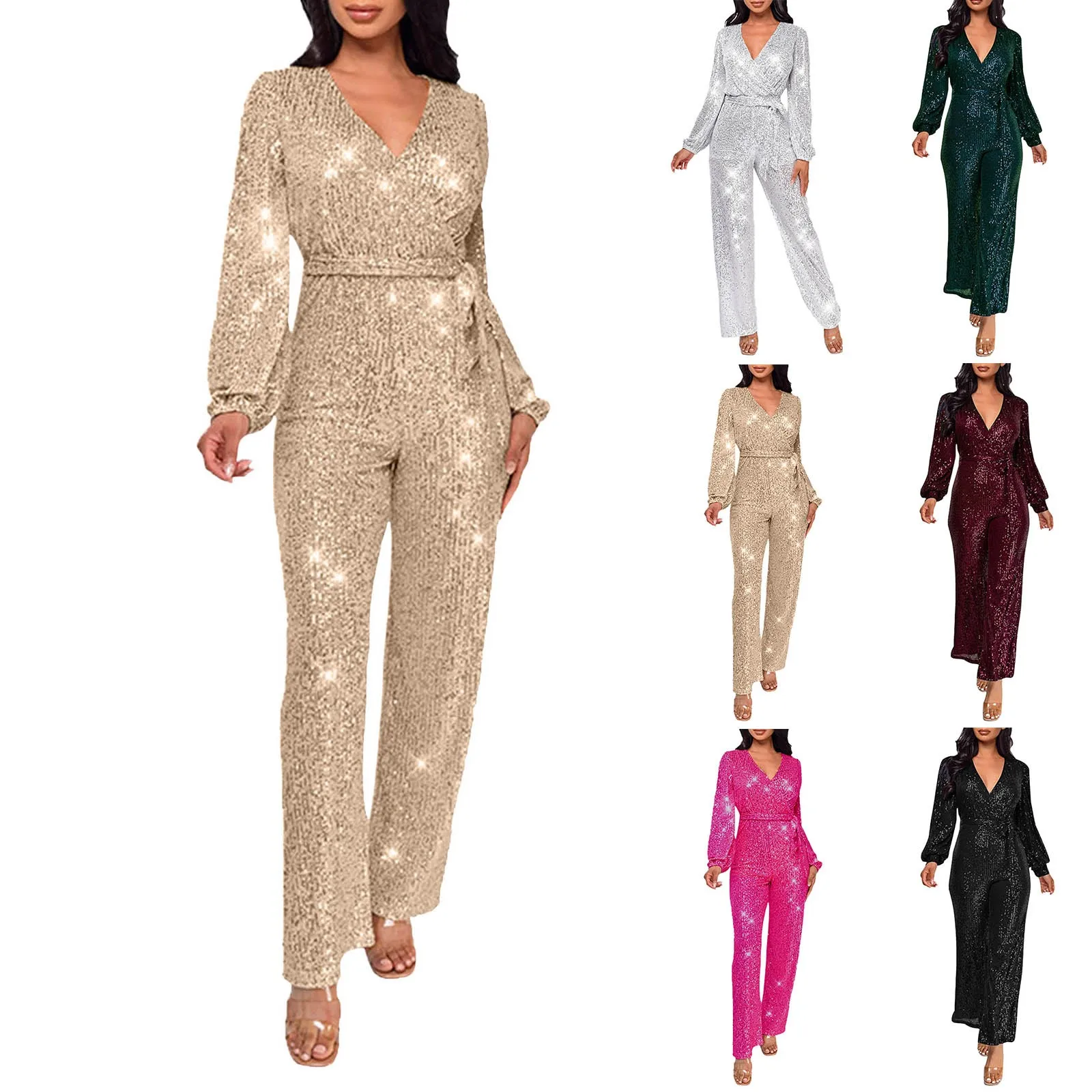 

Women Jumpsuit Vintage Sequin Jumpsuit V-Neck Long Sleeve Belted Overalls Rompers Pants Fashion Evening Party Outfit Nightclub