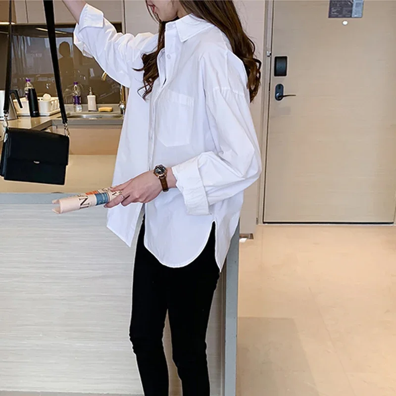 Spring Office Lady Elegant Women Shirts Cotton White Blouse Autumn Femme Long Sleeve Loose Blouses Female Tops Casual 11456