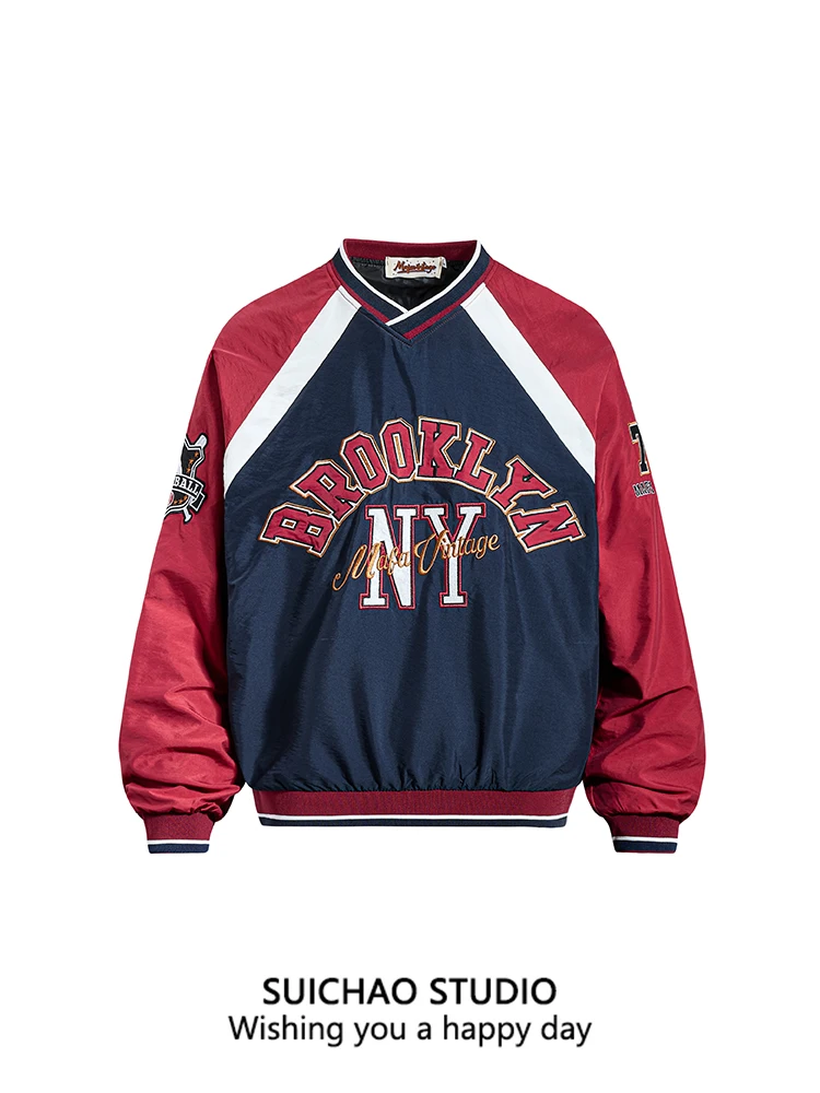 

Свитшот Suichao в американском ретро-стиле с буквенным принтом, спортивный, с V-образным вырезом, свободный повседневный весенний топ для мужчин и женщин