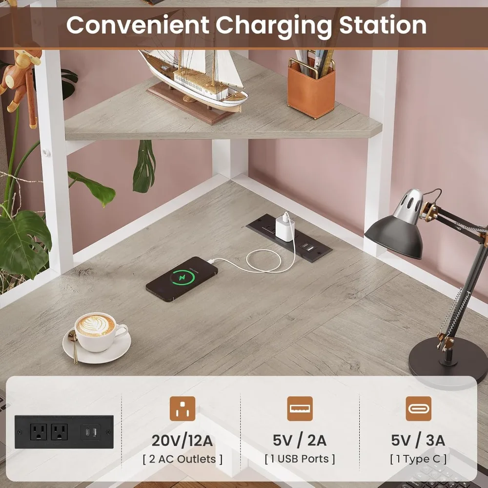 سرير علوي معدني مزدوج الحجم مع مكتب، وأرفف تخزين، وسكة ملابس، ومحطة شحن، وأضواء LED