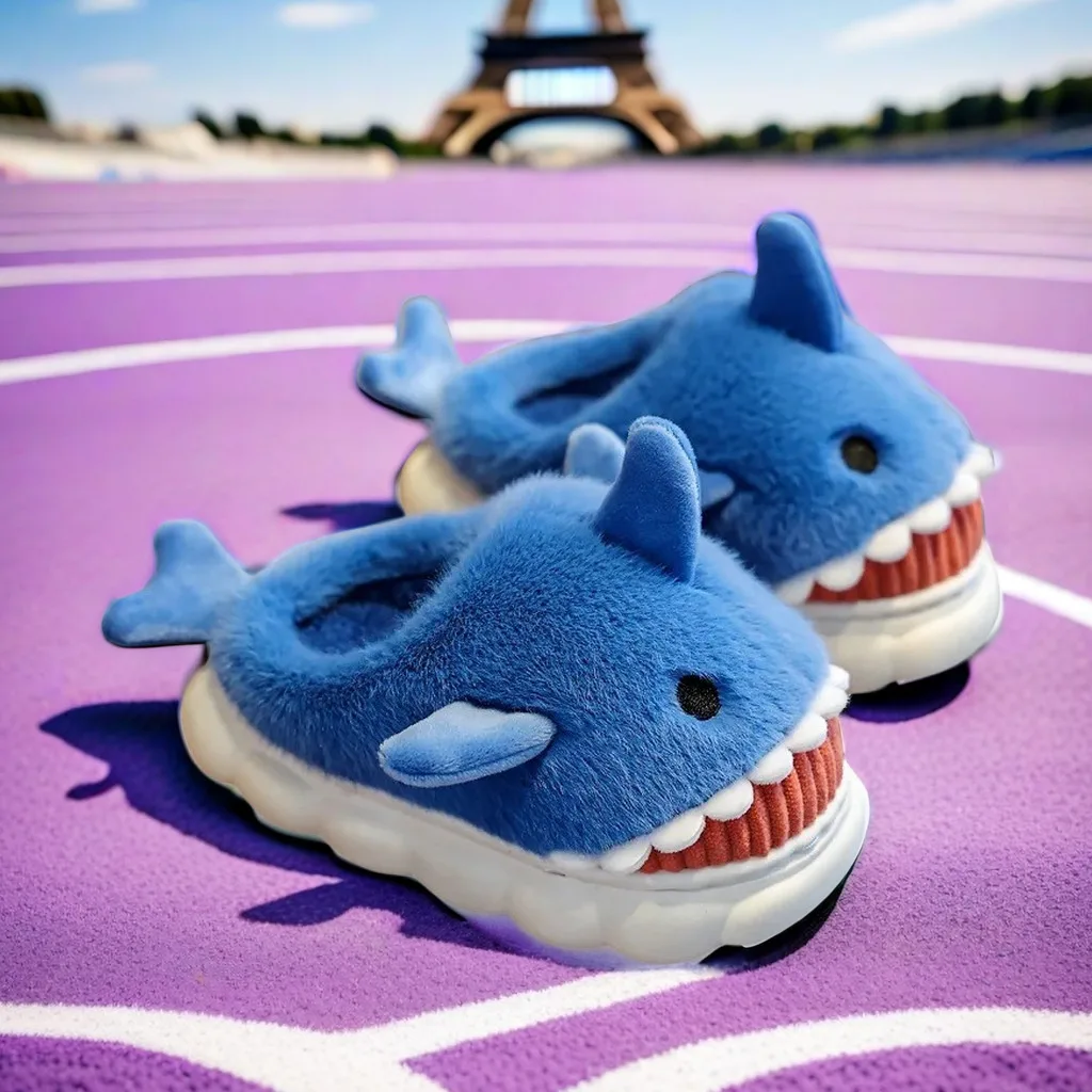 Winter children's home cotton slippers cloud thick bottom padded warm cartoon fur cover toe shark slippers