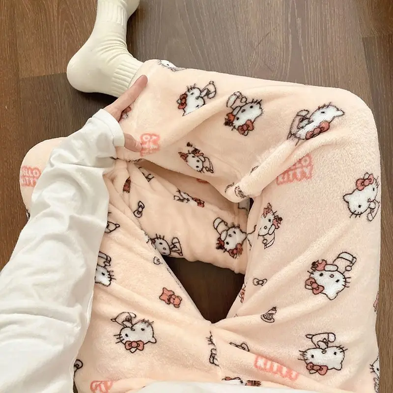 

Sanrio Hello Kitty Women Warm Pajama Pants Kawaii Cartoon Winter Sleeping Pants Flannel Thick Style Sleepwear Trousers Homewear