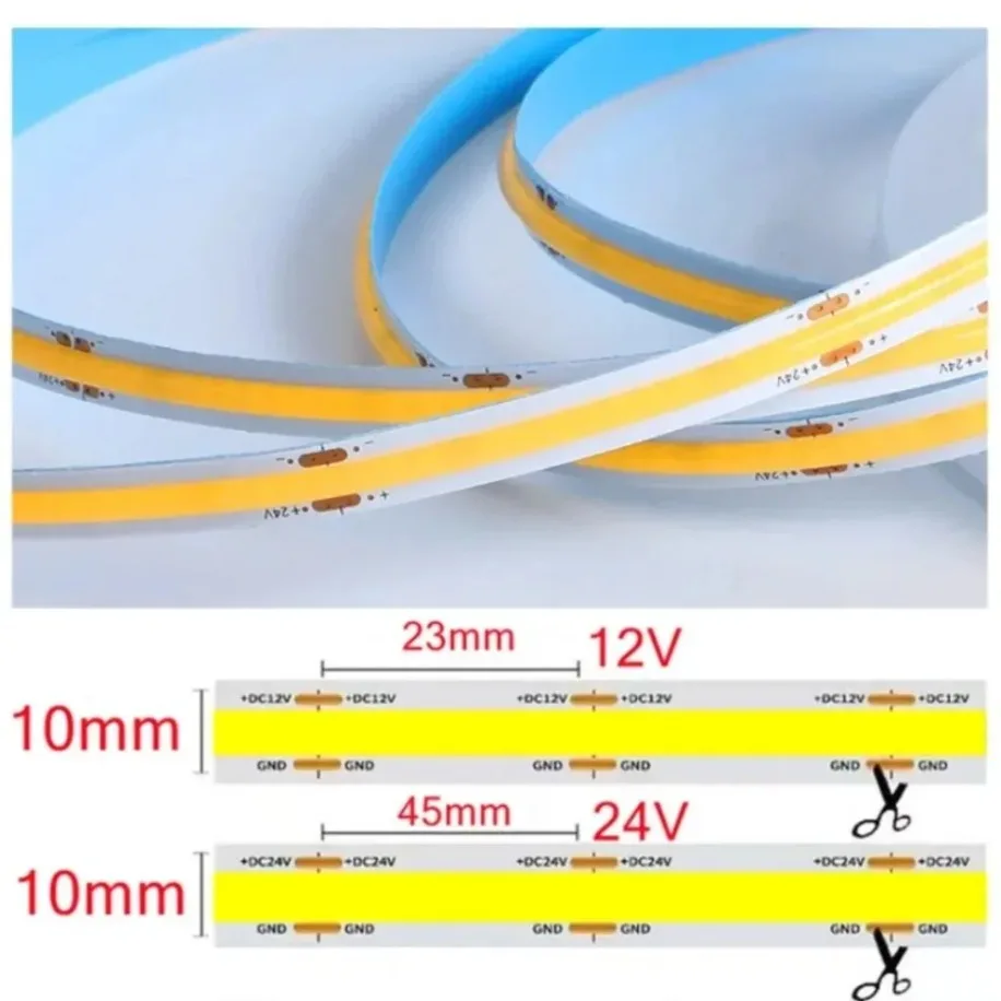 5~1m High Density COB LED Strip 12V/24V 528LEDs/M Flexible LED Tape Light Bar 10MM PCB Linear Light for Home Bedroom Decoration